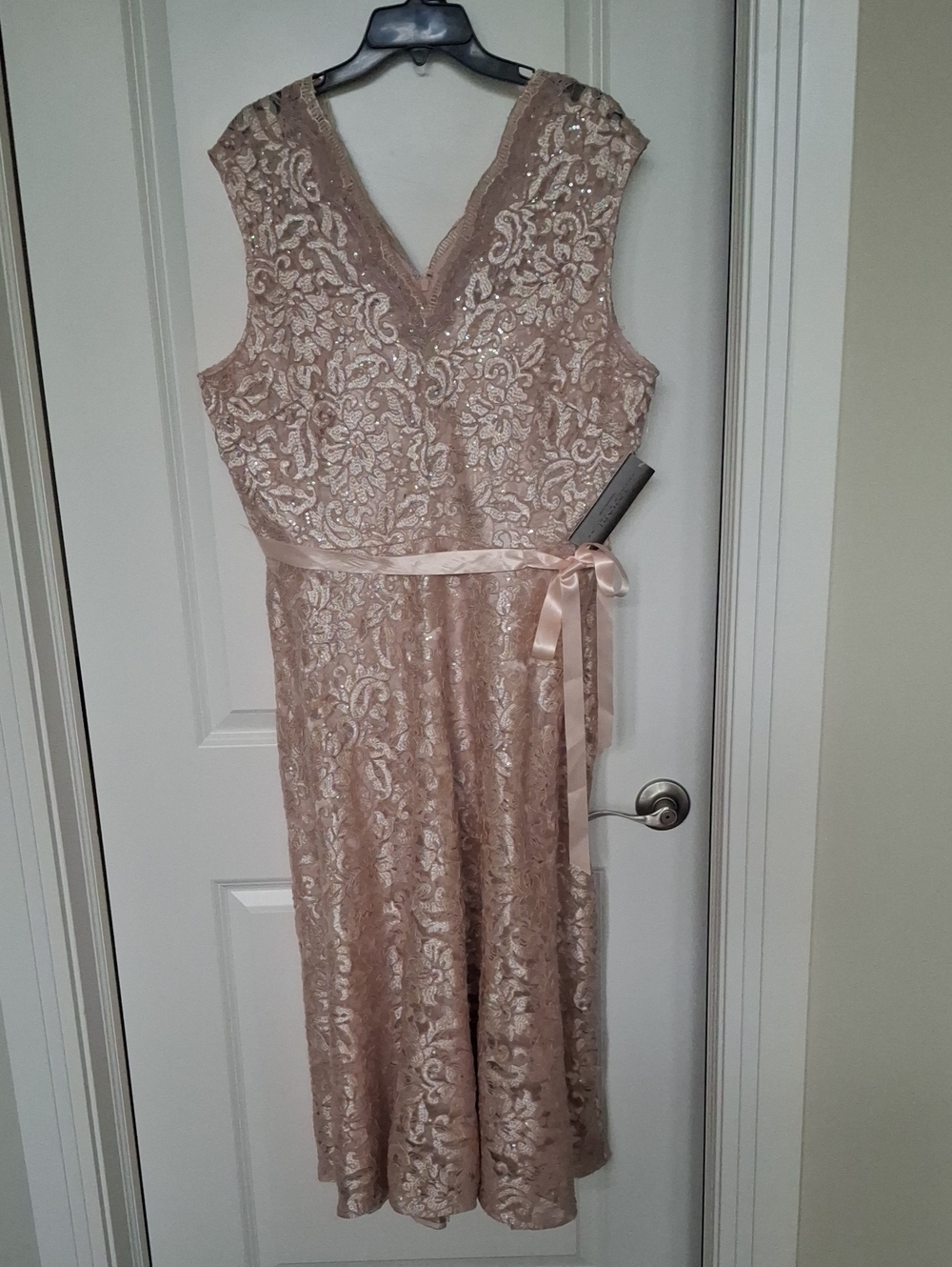 Tahari Champagne Lace Midi Dress Size 14 NWT Blush Pink Sequins V-Neck